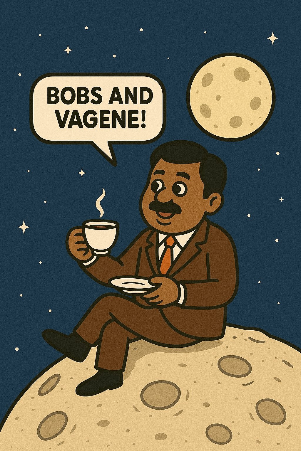 Uncle sipping tea on the moon saying 'Bobs and Vagene!'